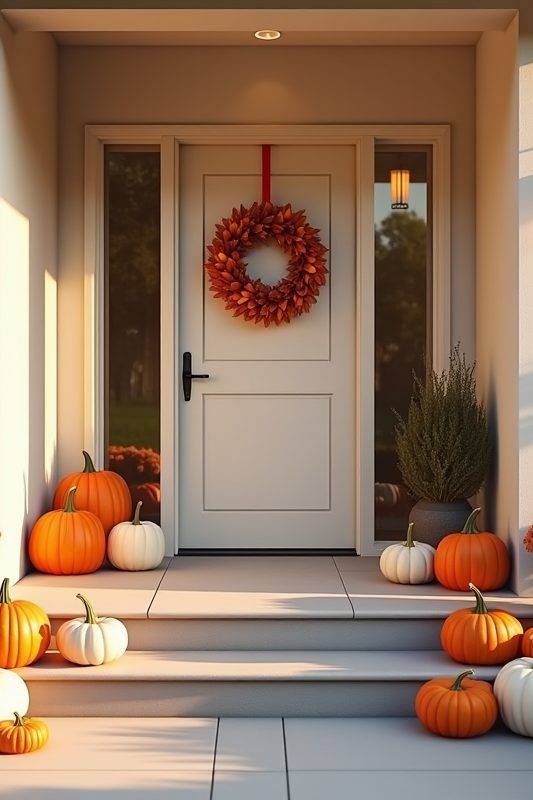 Clean front entrance with a pumpkin patch on the steps