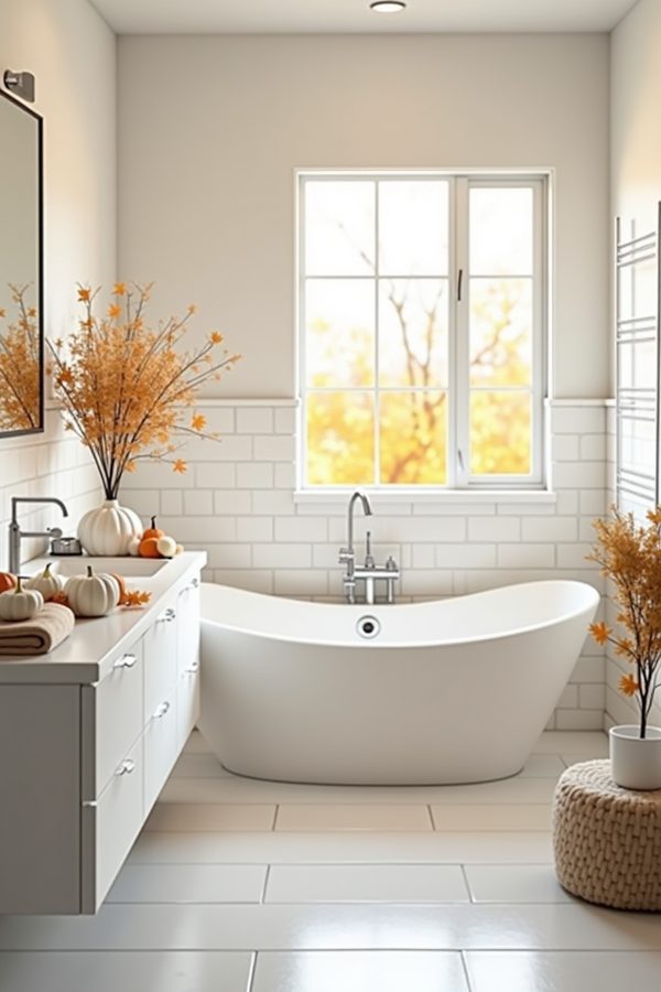 Clean bathroom with small fall pumpkins on the vanity