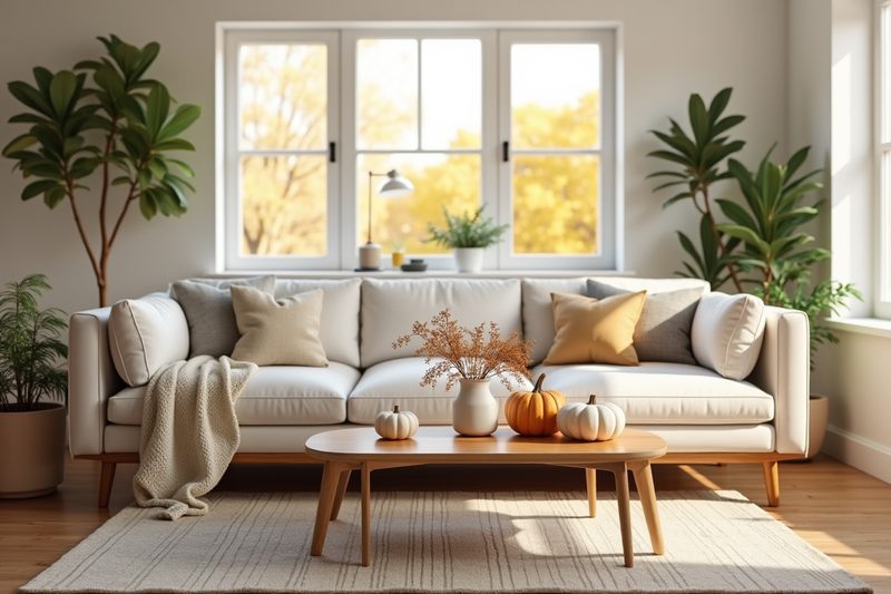 Clean living room with fall pumpkins on the coffee table