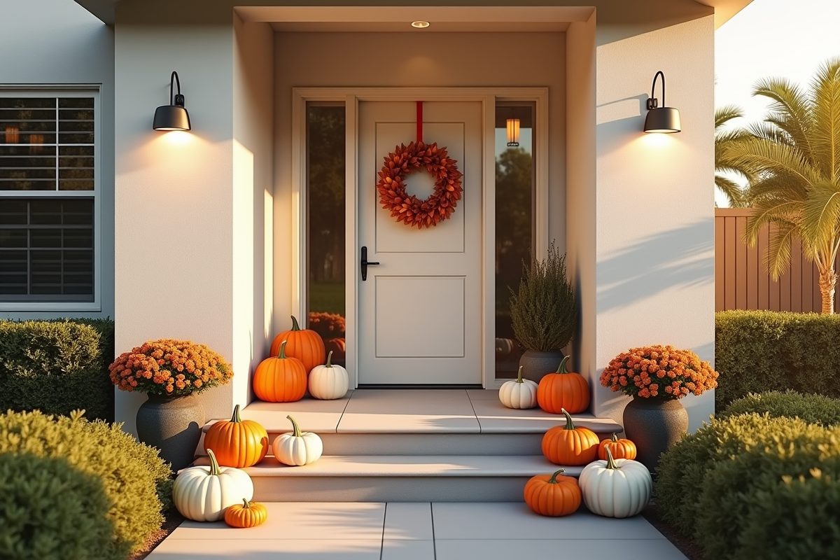 Front porch decorated with pumpkins for fall